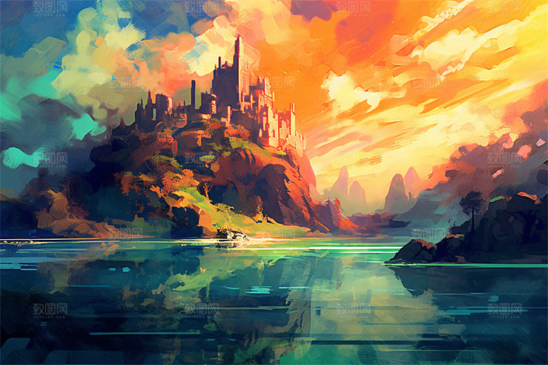 明亮风格风景场面壮观景色迷人插画
