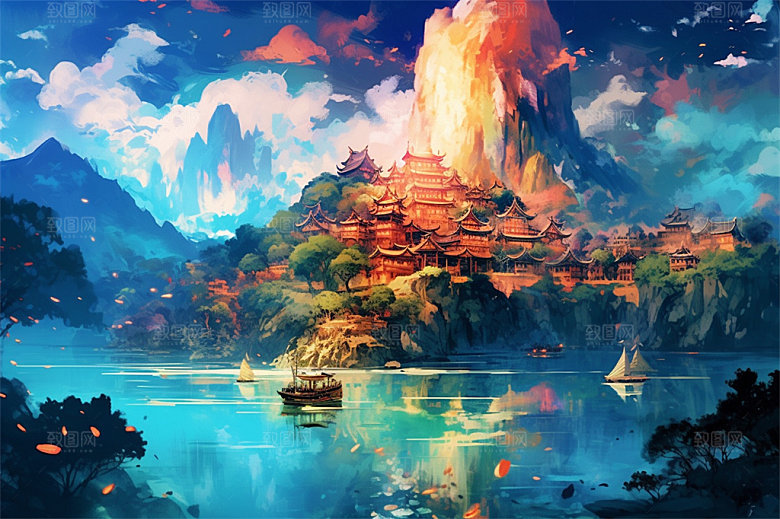 明亮风格风景场面壮观景色迷人插画