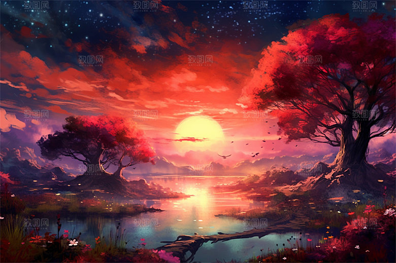 明亮风格风景场面壮观景色迷人插画