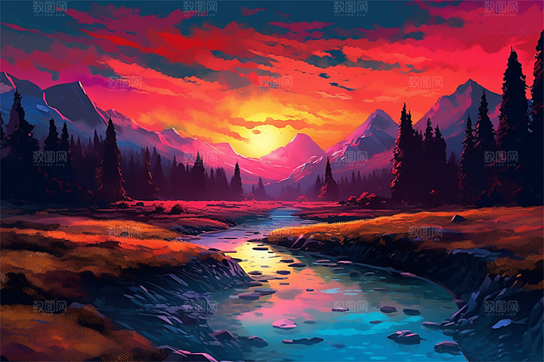 明亮风格风景场面壮观景色迷人插画