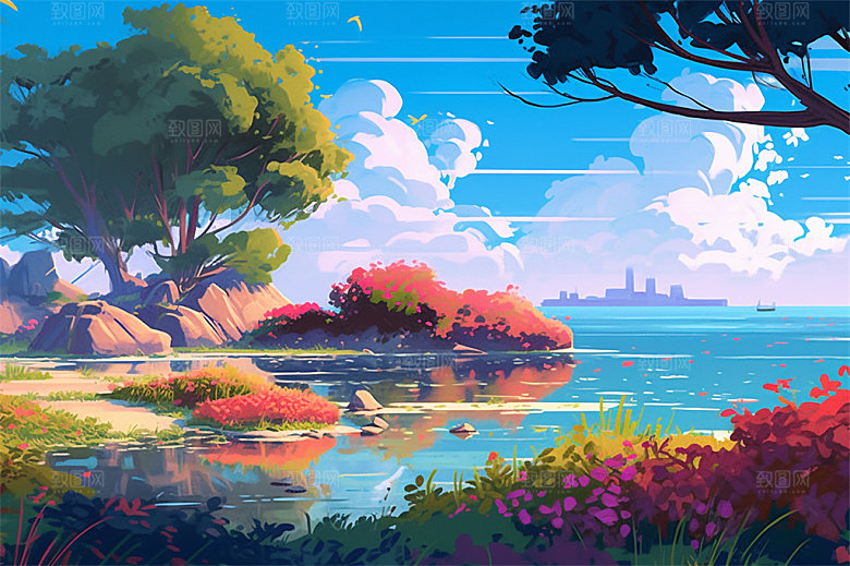 明亮风格风景场面壮观景色迷人插画