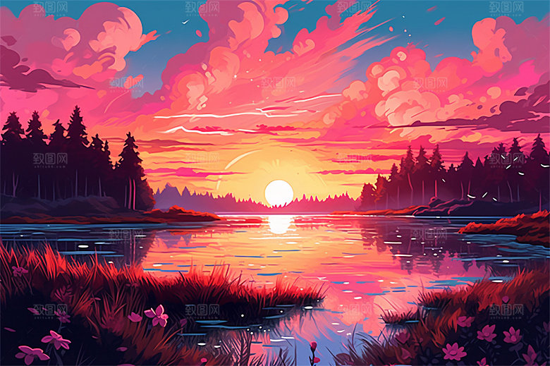 明亮风格风景场面壮观景色迷人插画