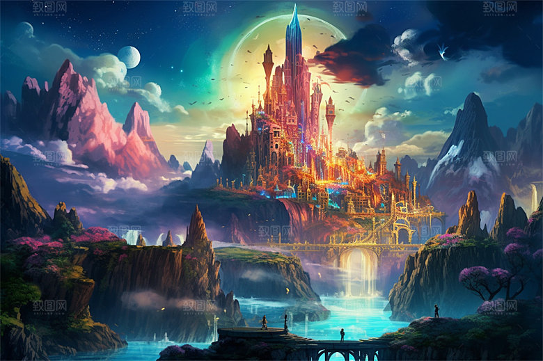 明亮风格风景场面壮观景色迷人插画