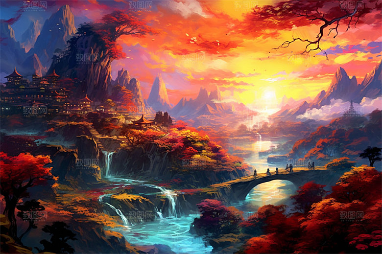 明亮风格风景场面壮观景色迷人插画