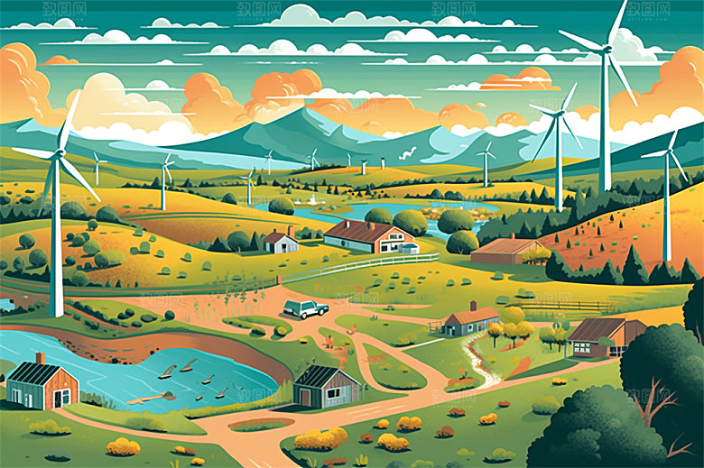 新能源风力发电乡村城市高山海洋场地插画