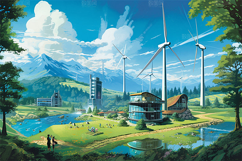 新能源风力发电乡村城市高山海洋场地插画
