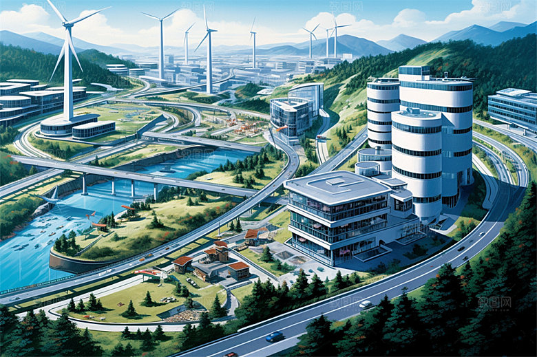 新能源风力发电乡村城市高山海洋场地插画