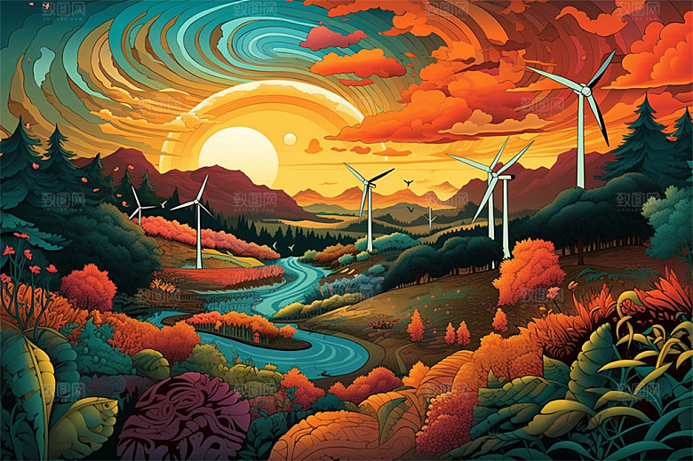 新能源风力发电乡村城市高山海洋场地插画