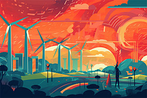 新能源风力发电乡村城市高山海洋场地插画