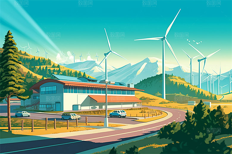 新能源风力发电乡村城市高山海洋场地插画