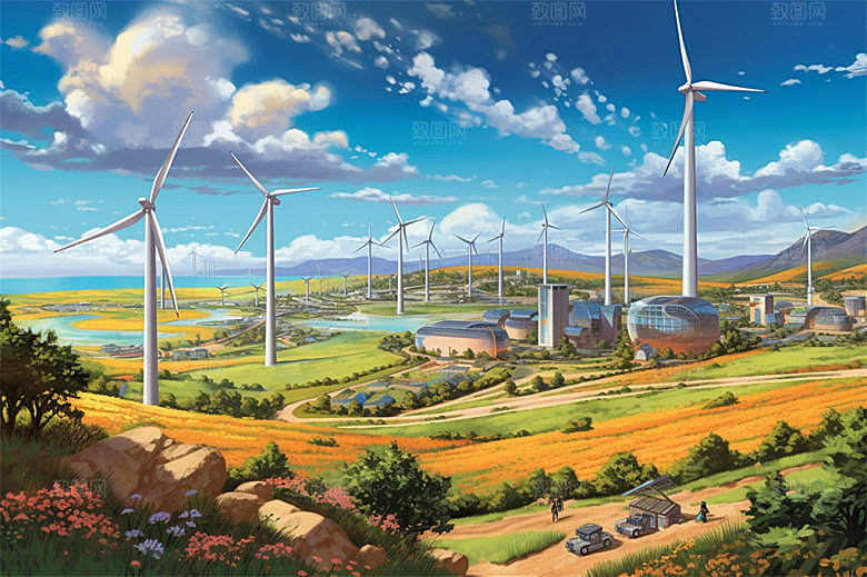 新能源风力发电乡村城市高山海洋场地插画