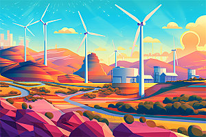 新能源风力发电乡村城市高山海洋场地插画