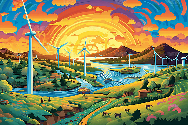 新能源风力发电乡村城市高山海洋场地插画