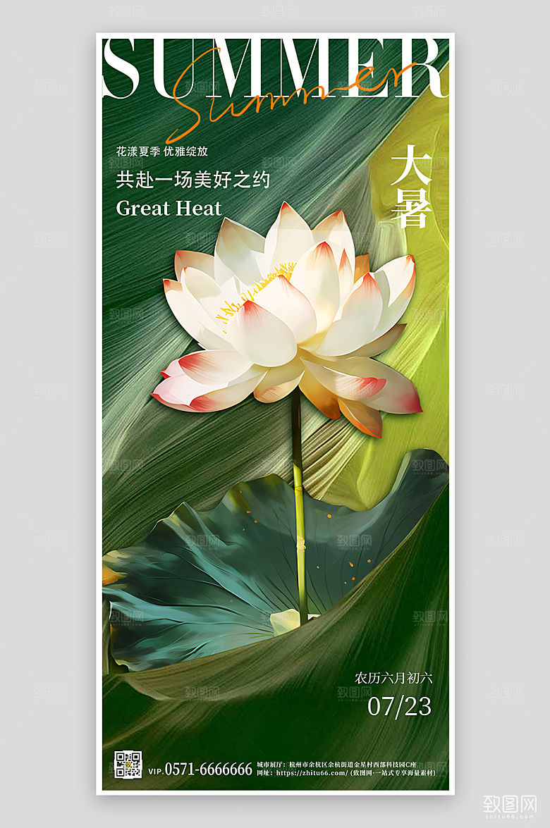 中国传统节气大暑荷花简约手机海报