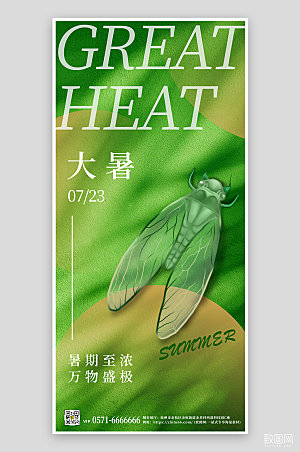 中国传统节气大暑绿色资料手机海报