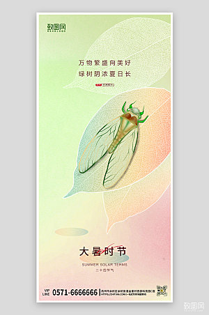 中国传统节气大暑渐变知了手机海报