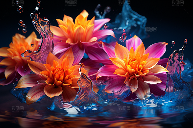 多彩透明鲜花清澈流水画面