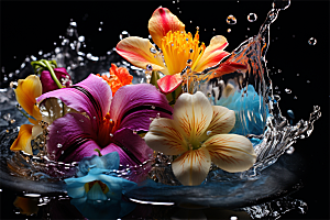多彩透明鲜花清澈流水画面