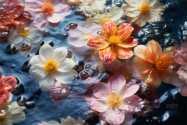 多彩透明鲜花清澈流水画面