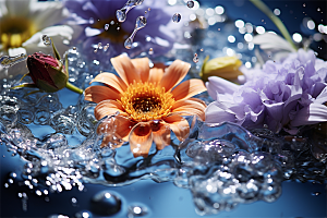 多彩透明鲜花清澈流水画面