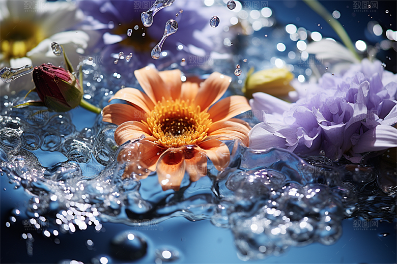 多彩透明鲜花清澈流水画面
