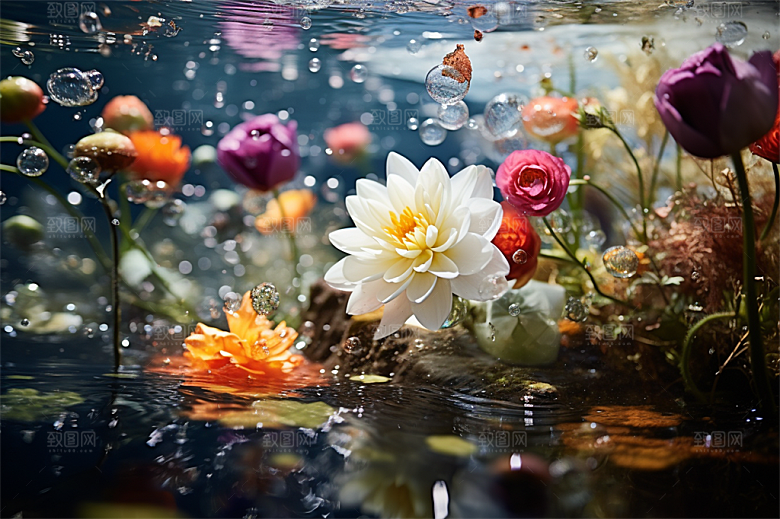 多彩透明鲜花清澈流水画面
