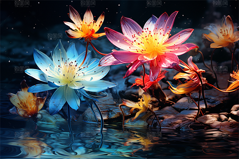 多彩透明鲜花清澈流水画面