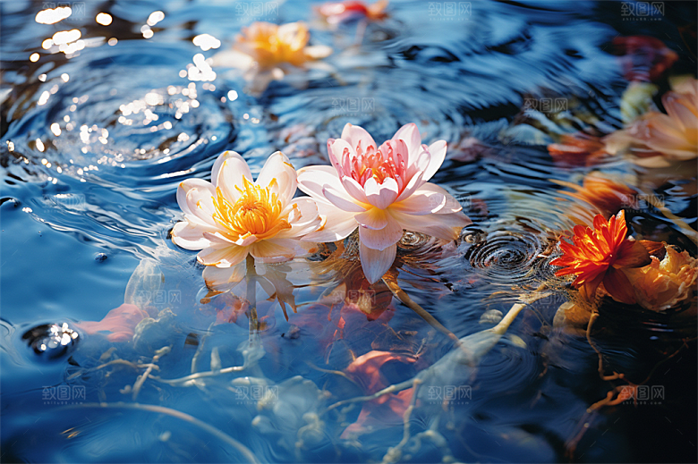 多彩透明鲜花清澈流水画面