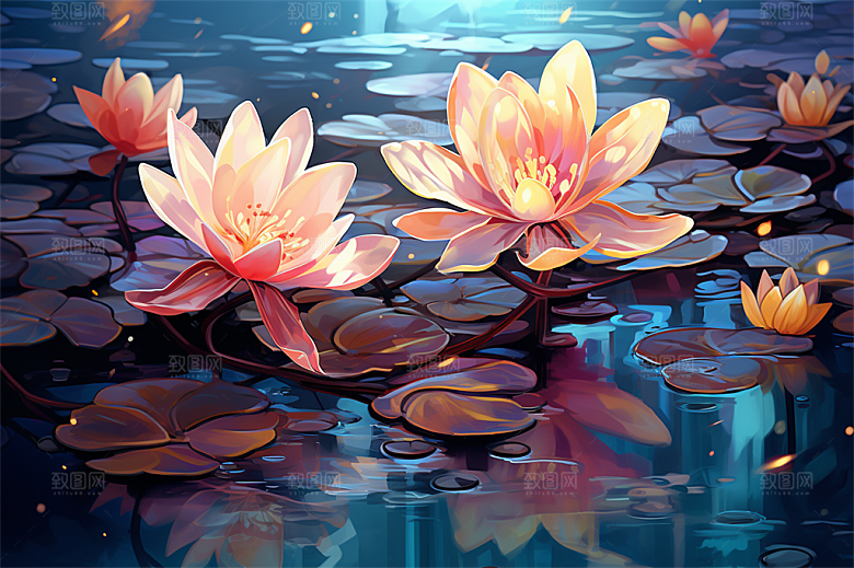 多彩透明鲜花清澈流水画面