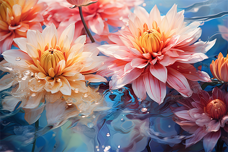 多彩透明鲜花清澈流水画面