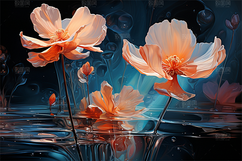 多彩透明鲜花清澈流水画面