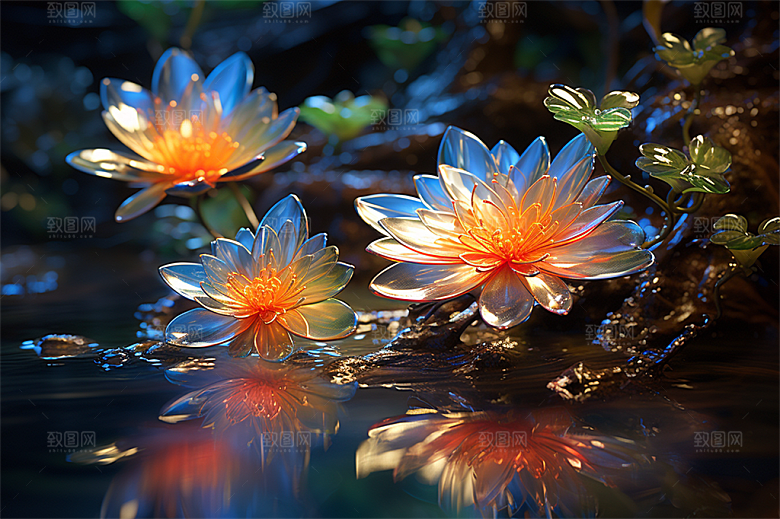 多彩透明鲜花清澈流水画面