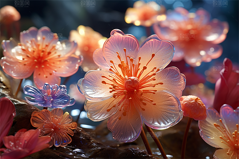 多彩透明鲜花清澈流水画面