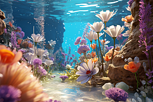 多彩透明鲜花清澈流水画面
