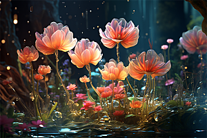 多彩透明鲜花清澈流水画面
