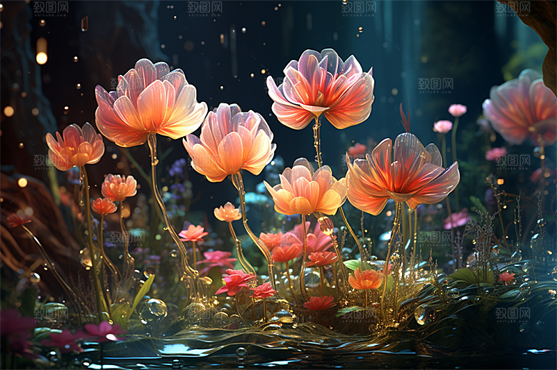 多彩透明鲜花清澈流水画面