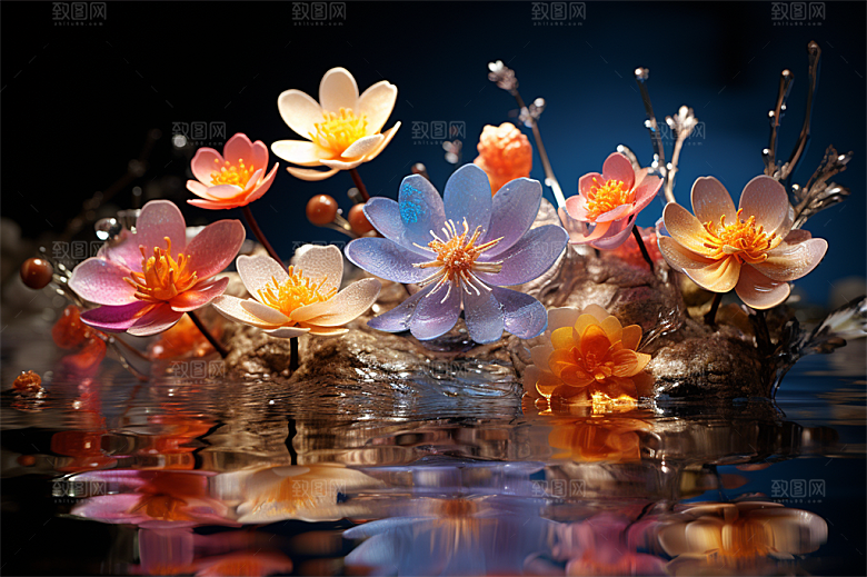 多彩透明鲜花清澈流水画面