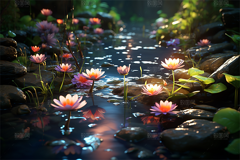 多彩透明鲜花清澈流水画面
