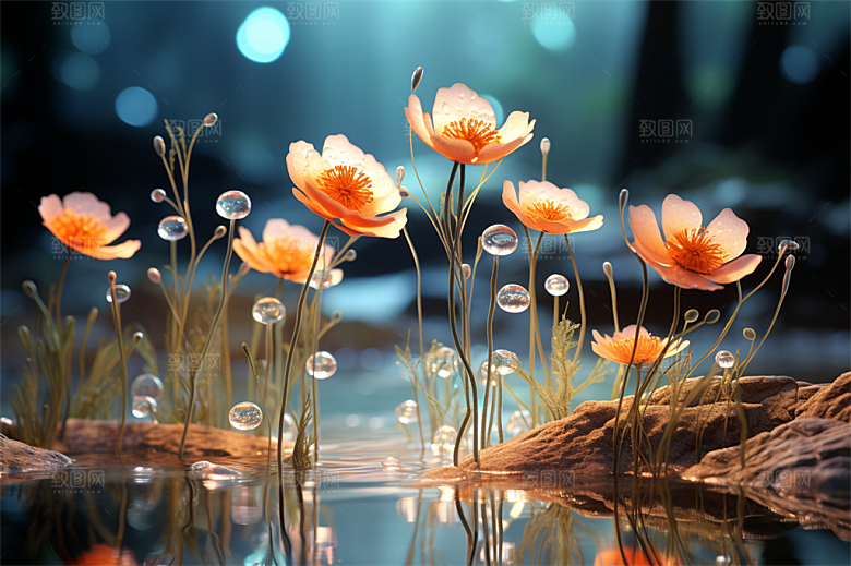 多彩透明鲜花清澈流水画面