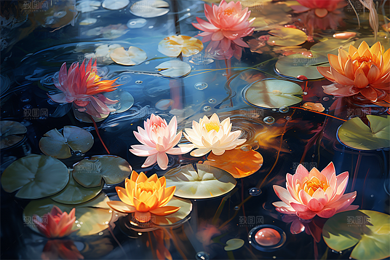 多彩透明鲜花清澈流水画面