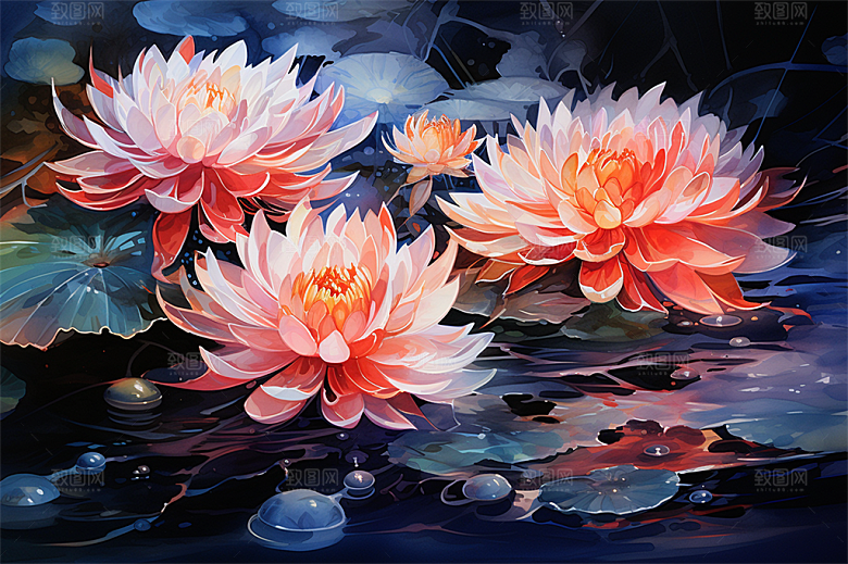 多彩透明鲜花清澈流水画面