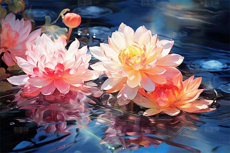 多彩透明鲜花清澈流水画面