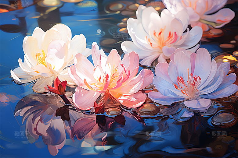 多彩透明鲜花清澈流水画面