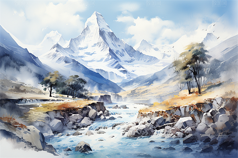 白雪茫茫高耸雪山山脚绿植大场景插画
