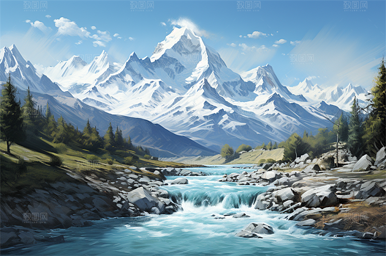 白雪茫茫高耸雪山山脚绿植大场景插画