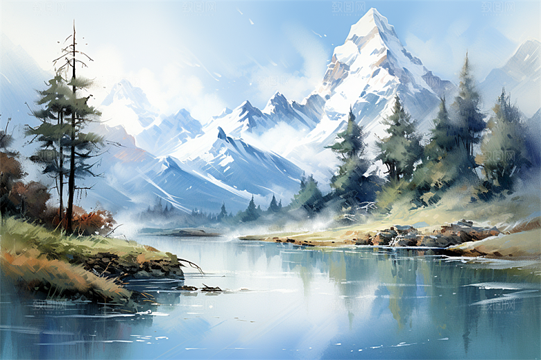 白雪茫茫高耸雪山山脚绿植大场景插画