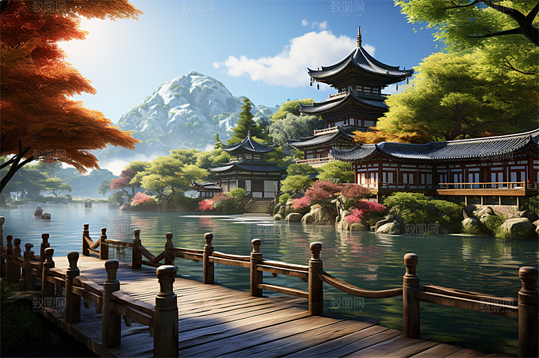 湖水栈桥远景高山艳丽树木国风建筑