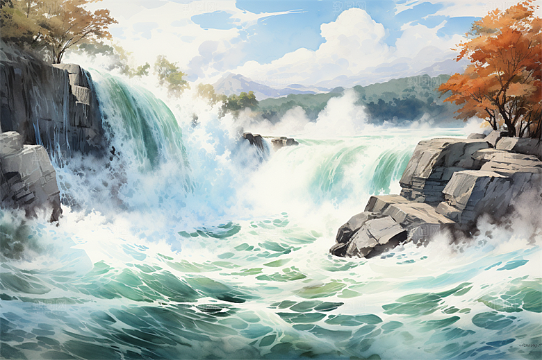 壶口瀑布奇色河水近景植物插画