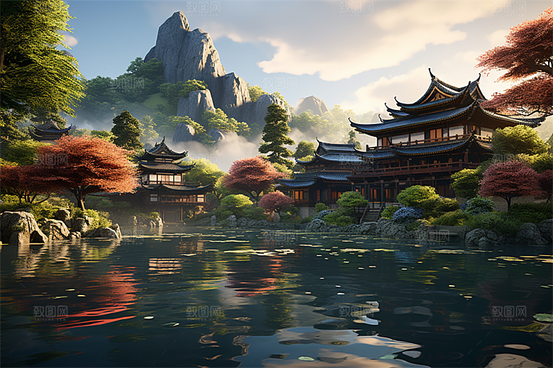 湖水栈桥远景高山艳丽树木国风建筑