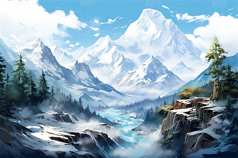 白雪茫茫高耸雪山山脚绿植大场景插画